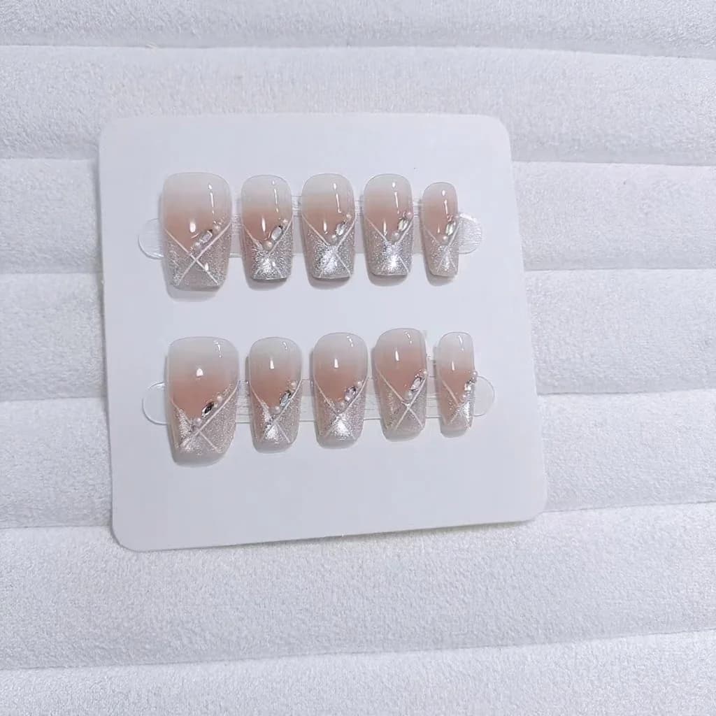 Nalepovacie nechty Cat Eye, krátke coffin, ružová blush, sladký štýl, 10 ks
