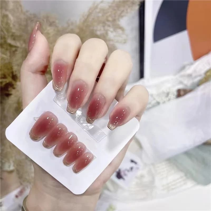 Dlhé press-on nechty v tvare rakvy Sunset Blush s mesačným chrómovým povrchom