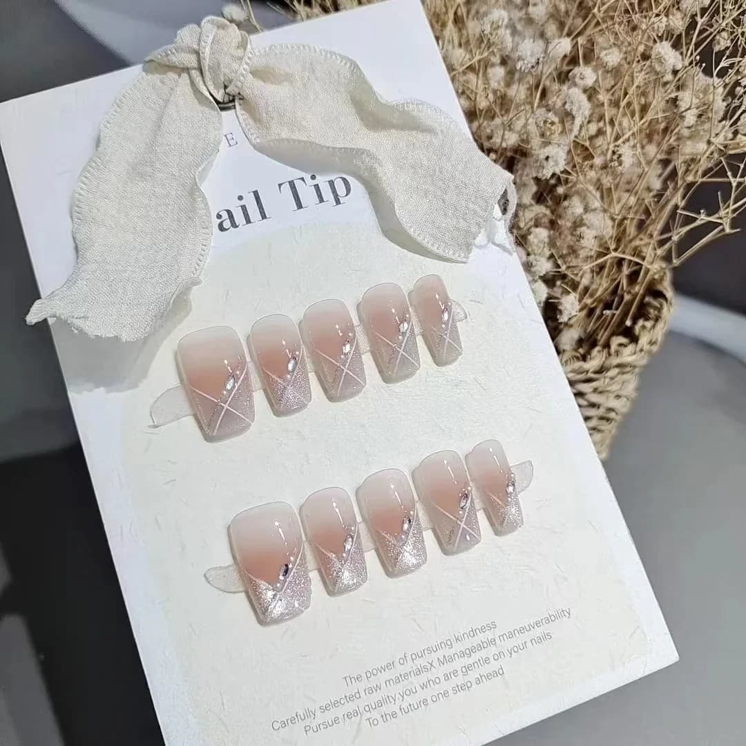 Nalepovacie nechty Cat Eye, krátke coffin, ružová blush, sladký štýl, 10 ks